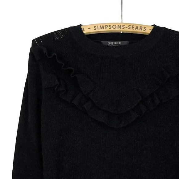 Forever 21 Womens  Medium Black Frill Crewneck Pullover Knit Sweater - Picture 2 of 4